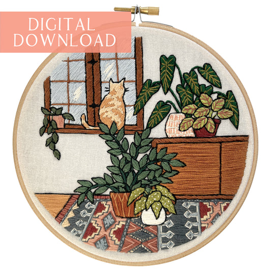 Window Cat Intermediate Embroidery Pattern - 6"