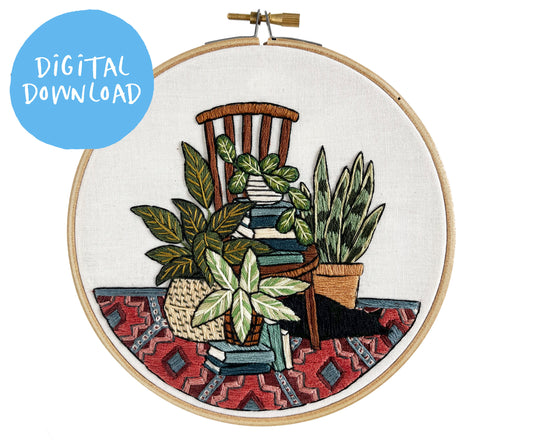 Cat and Houseplant Embroidery Pattern- 6"