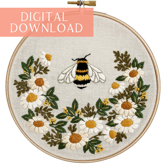Bee and Daisies Embroidery Pattern- 6"