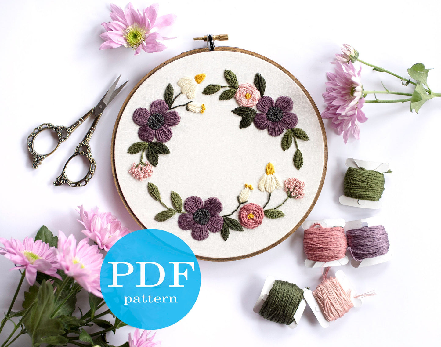 Floral Wreath Embroidery Pattern. PDF Digital Download. 7" embroidery hoop. DIY Home Decor. Beginner Embroidery. Flower embroidery pattern