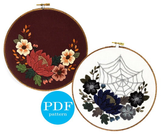 Autumn and Halloween Embroidery Pattern Duo. Beginner Embroidery pattern. PDF Digital Download. 7" embroidery hoop. Gothic decor