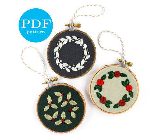 Leafy Christmas Ornament Trio Embroidery Pattern. Beginner Embroidery pattern. PDF Digital Download. DIY Christmas decor. Christmas ornament