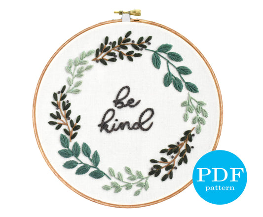 Leafy Wreath Embroidery Pattern. Beginner Embroidery pattern. PDF embroidery pattern. 7" embroidery hoop. DIY Nursery Decor. Botanical art
