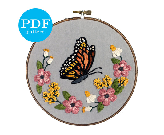 Monarch Butterfly Embroidery Pattern. Beginner Embroidery pattern. PDF embroidery pattern. 6" embroidery hoop. DIY decor. Modern embroidery