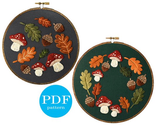 Woodland Embroidery Pattern duo. Beginner Embroidery. PDF embroidery pattern. Autumn Embroidery pattern. Embroidery pattern. Woodland wreath