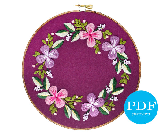 Purple Floral Wreath Embroidery Pattern. Beginner Embroidery. PDF embroidery pattern. 7" hoop. Flower Embroidery pattern. DIY embroidery