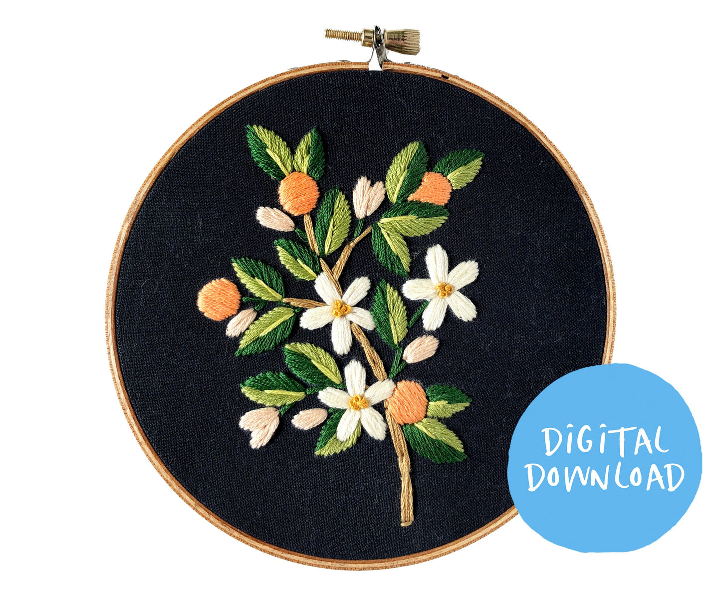 Clementine Embroidery Pattern. Beginner Embroidery. PDF embroidery pattern. 5" pattern. Floral Embroidery pattern. Orange blossom embroidery