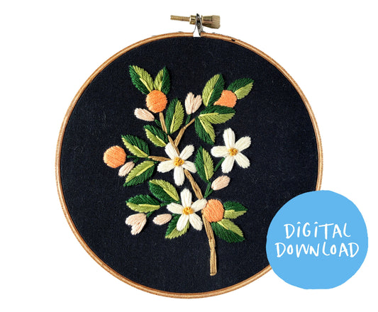 Clementine Embroidery Pattern. Beginner Embroidery. PDF embroidery pattern. 5" pattern. Floral Embroidery pattern. Orange blossom embroidery