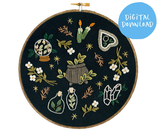 Garden Witch Embroidery Pattern. Beginner Embroidery pattern. Digital Download. 7" embroidery hoop. Gothic decor. Halloween Embroidery