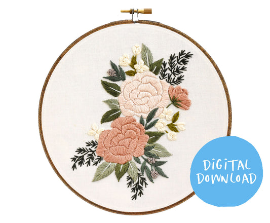 Winter Rose Embroidery Pattern. Beginner Embroidery. PDF embroidery pattern. 7" pattern. botanical pattern. Neutral Floral Embroidery