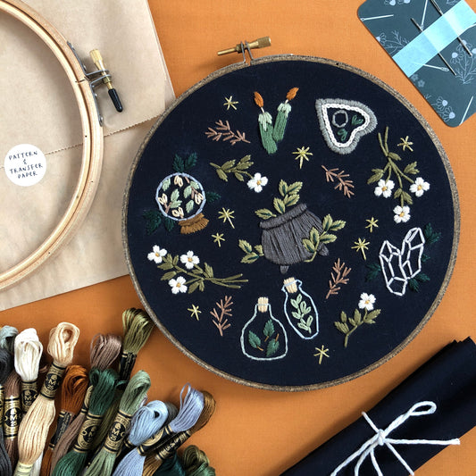Witchcraft Embroidery Kit, DIY embroidery, embroidery kit, spooky embroidery, modern embroidery kit, green witch, Halloween embroidery