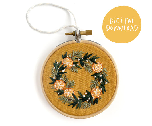 Orange Wreath Christmas Ornament Embroidery Pattern - 3" Hoop