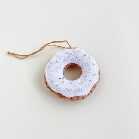 Mini White Felt Doughnut Ornament with pink beads
