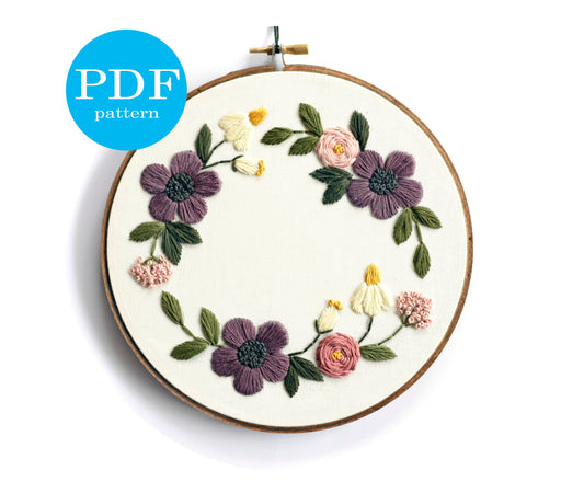 Floral Wreath Embroidery Pattern. PDF Digital Download. 7" embroidery hoop. DIY Home Decor. Beginner Embroidery. Flower embroidery pattern