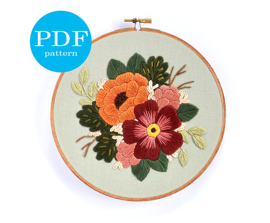 Intermediate Embroidery Pattern. Summer Florals. PDF, Digital Download. 7" embroidery hoop. DIY Home Decor. embroidery pattern