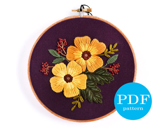 Yellow Flower Embroidery Pattern. Beginner Embroidery pattern. PDF, Digital Download. 6" embroidery hoop. Flower embroidery pattern