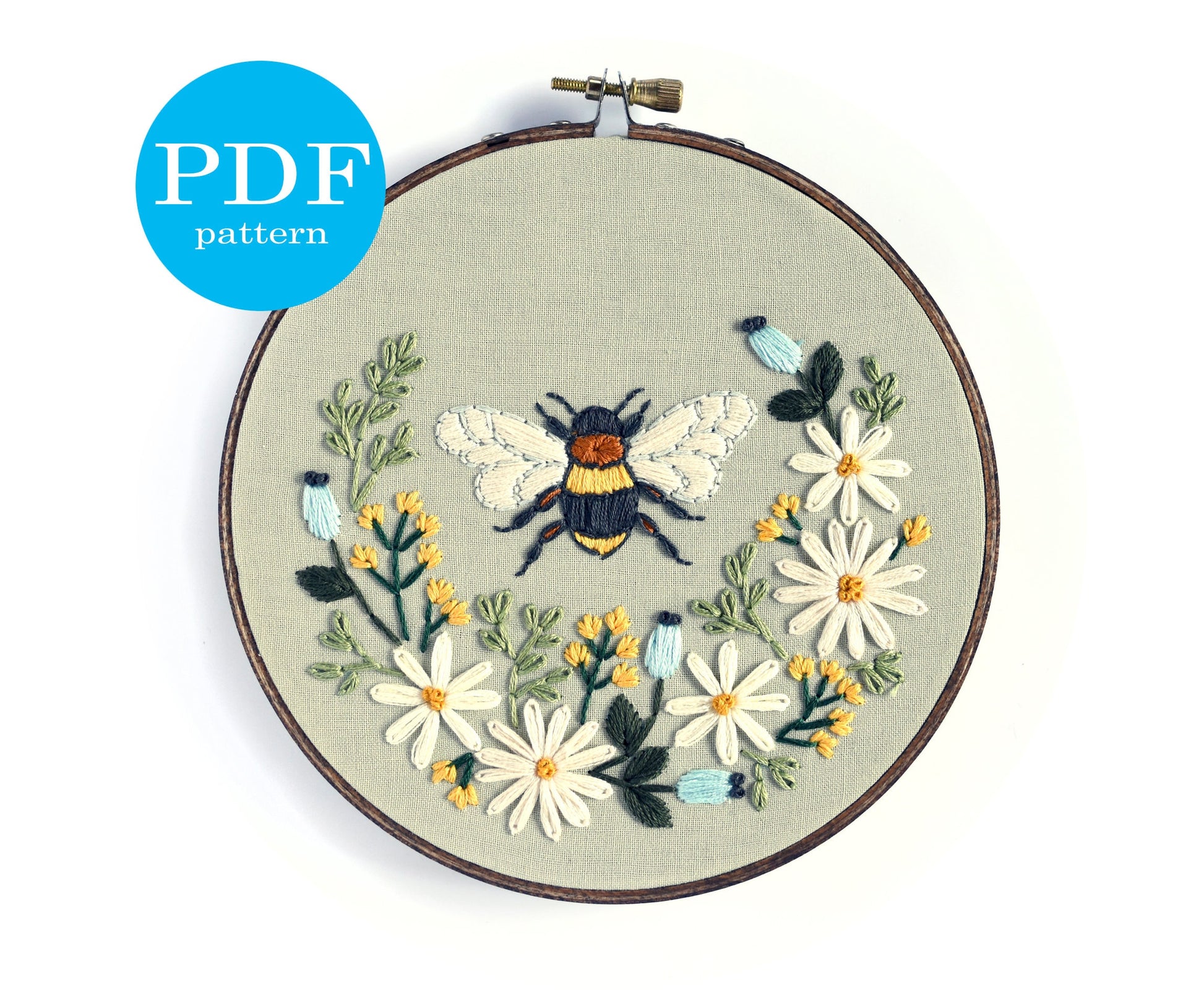 Floral Bee Embroidery Pattern. Beginner Embroidery pattern. PDF embroidery pattern. 6" embroidery hoop. DIY home decor. Modern embroidery