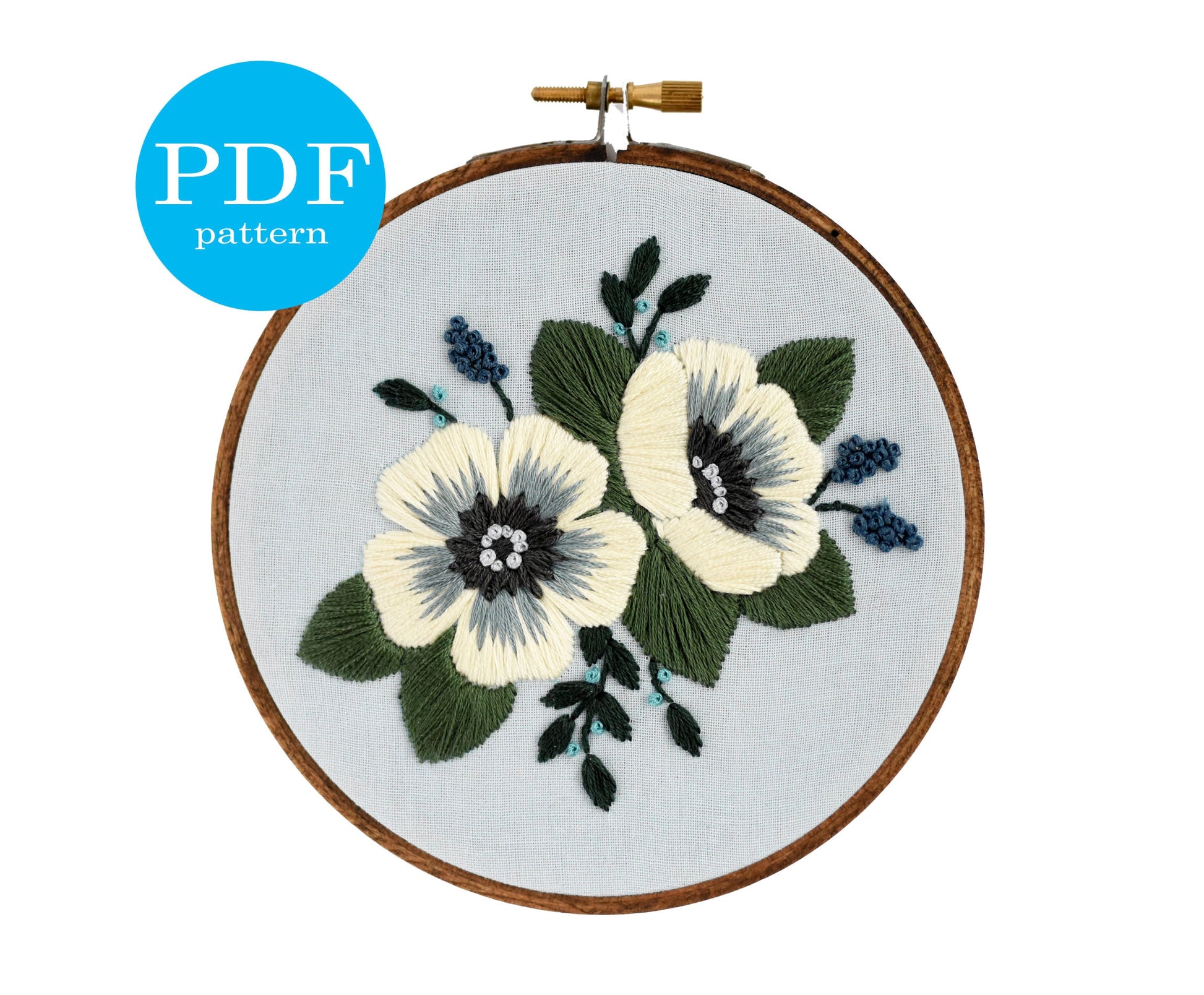 White Anemone Embroidery Pattern. Beginner Embroidery. PDF embroidery pattern. 5" hoop. Embroidery Pattern. Flower Embroidery pattern