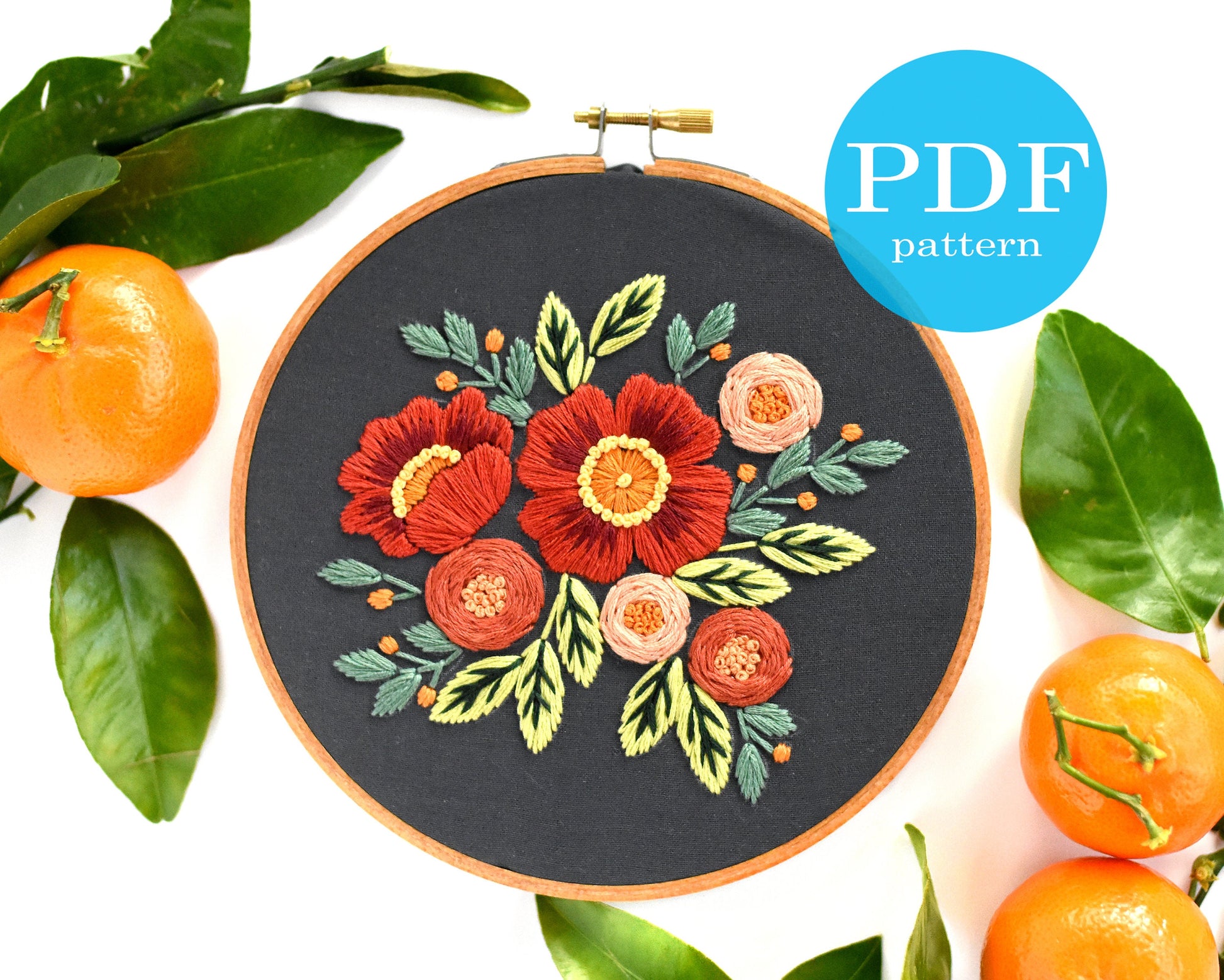 Folky Florals Embroidery Pattern. Beginner Embroidery. PDF embroidery pattern. 6" hoop. Floral Embroidery pattern. Embroidery pattern