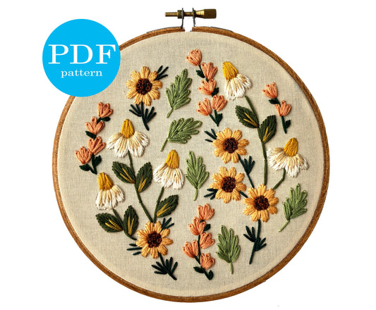 Embroidery Pattern. Summer Wildflowers Embroidery Pattern. Beginner Embroidery. PDF embroidery pattern. 6" hoop. Floral Embroidery pattern.