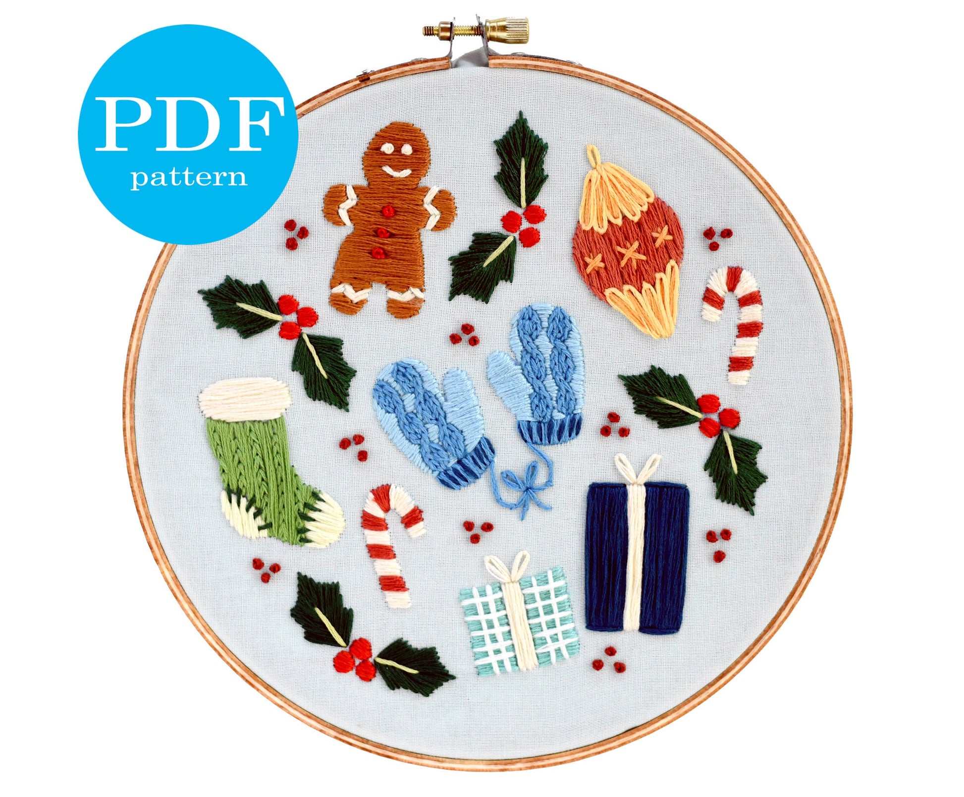 Christmas Embroidery Pattern. Intermediate Embroidery pattern. PDF Digital Download. 7" embroidery hoop. DIY christmas decor. Christmas gift