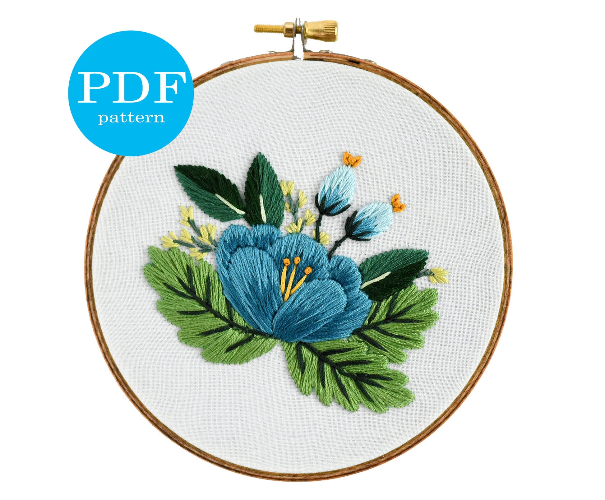 Blue Floral Embroidery Pattern. Beginner Embroidery. PDF embroidery pattern. 5" hoop. Flower Embroidery pattern. DIY embroidery kit