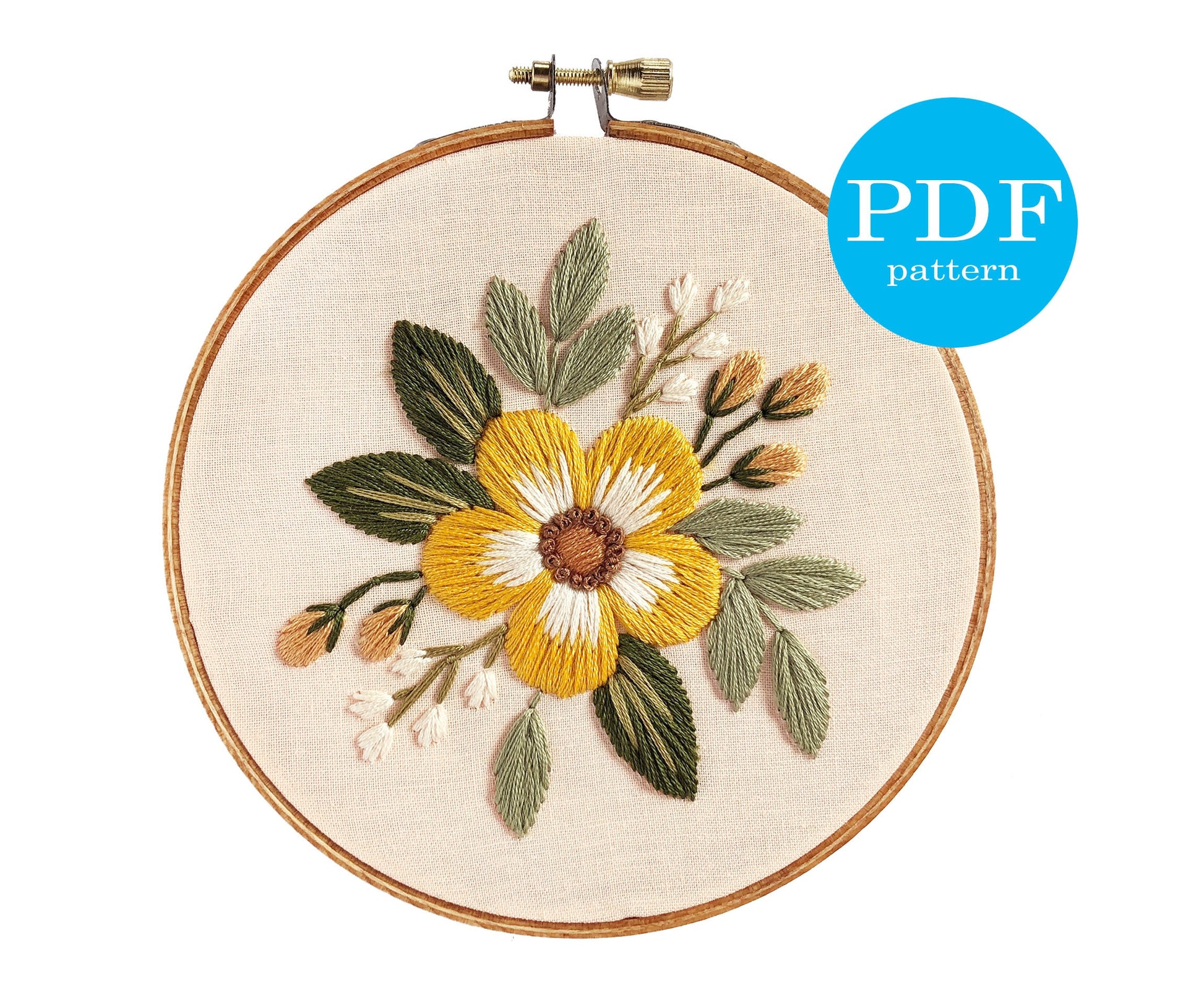 Earthy Floral Embroidery Pattern. Beginner Embroidery. PDF embroidery pattern. 5" hoop. Flower Embroidery pattern. neutral floral embroidery