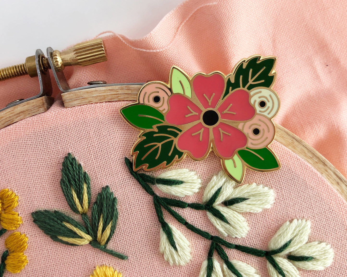 Floral needle-minder, Enamel needleminder, magnetic needleminder, cross stitch needle minder, embroidery needleminder, embroidery accessory