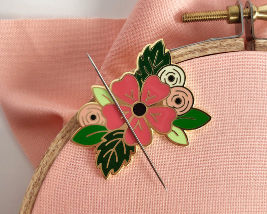 Floral needle-minder, Enamel needleminder, magnetic needleminder, cross stitch needle minder, embroidery needleminder, embroidery accessory