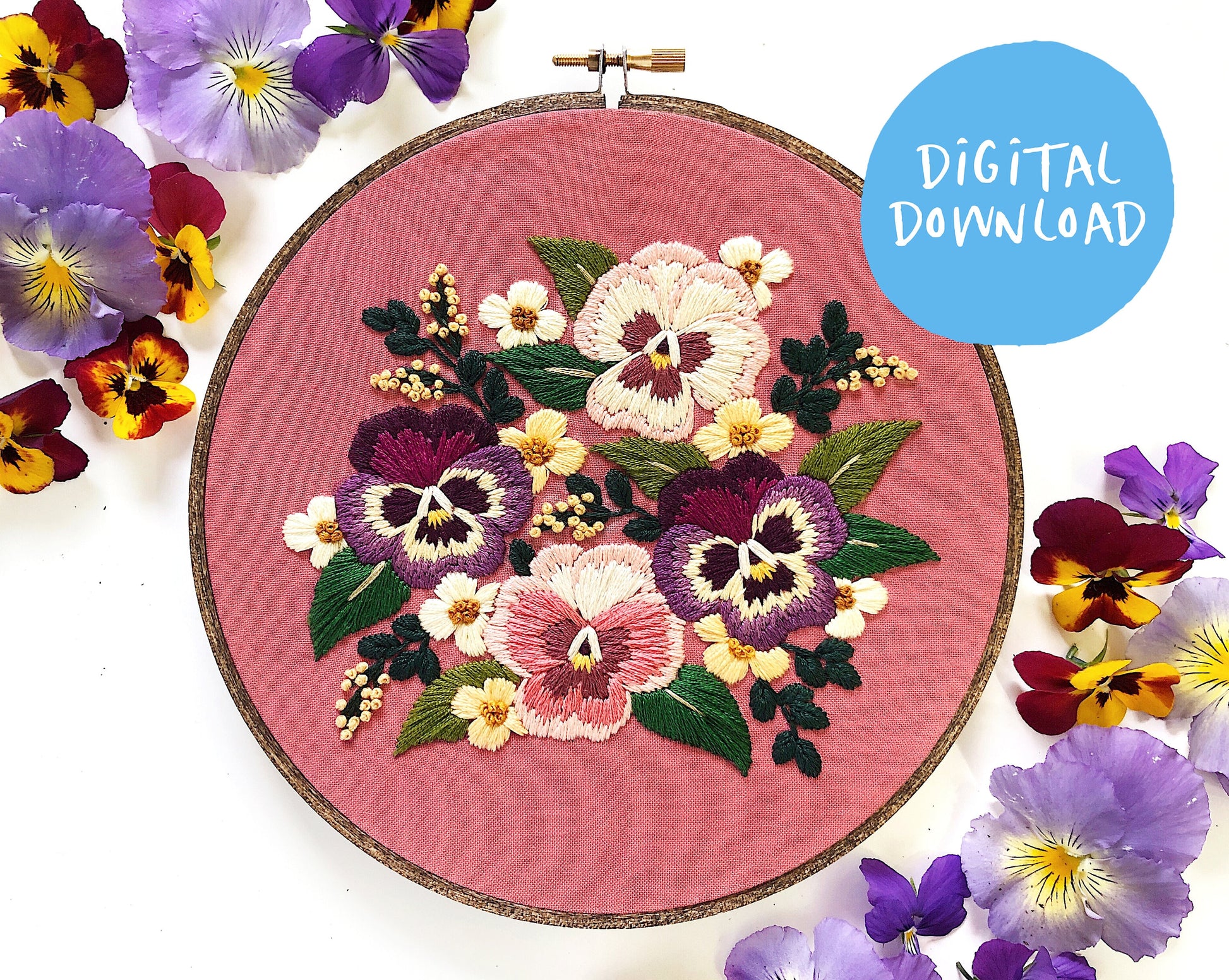 Pansy Embroidery Pattern. Beginner Embroidery. PDF embroidery pattern. 7" pattern. Floral Embroidery pattern. Embroidery pattern. DIY design