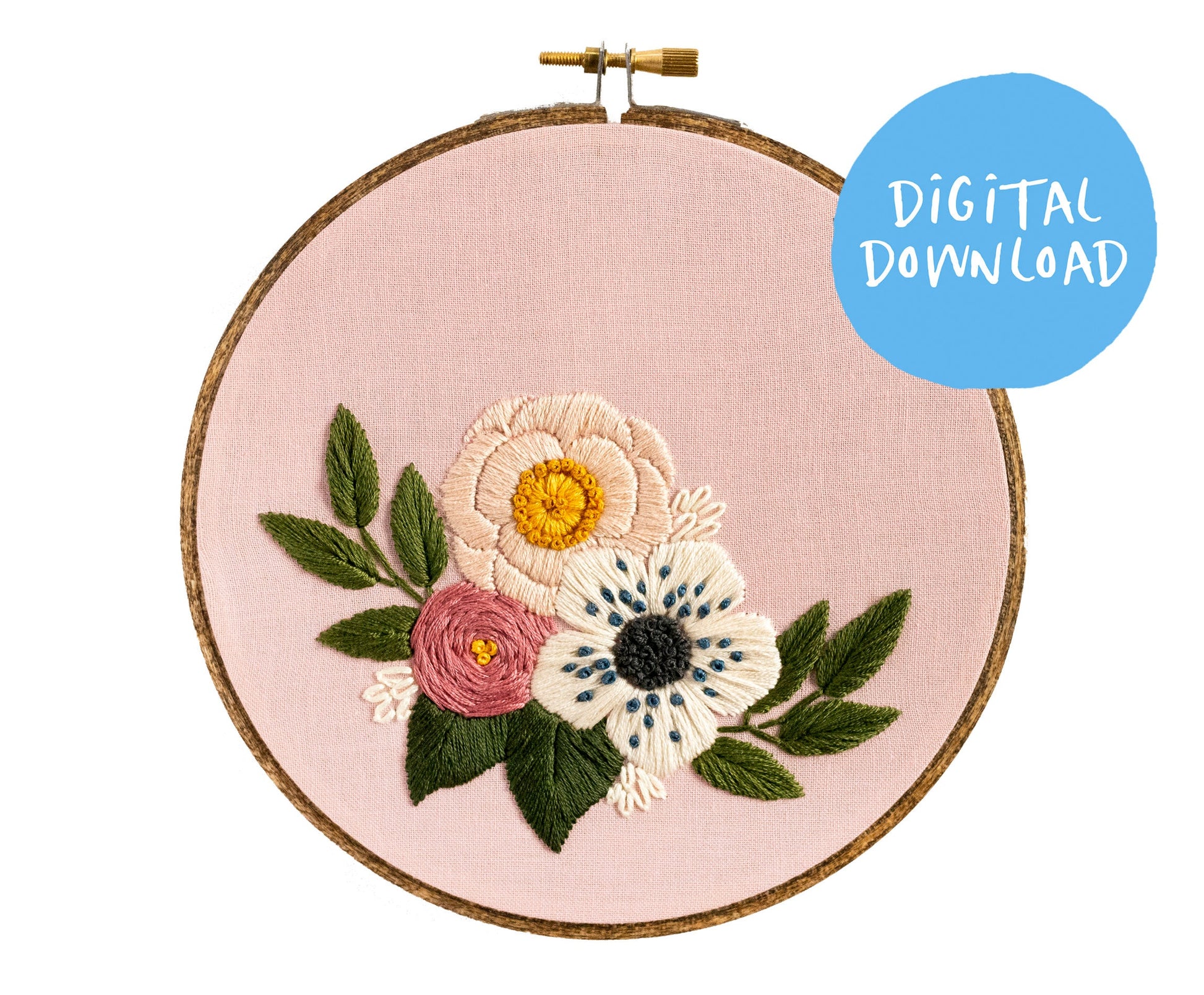 Pink Florals Embroidery Pattern. Digital Download. 6" embroidery hoop. Floral needlepoint. Beginner Embroidery. Flower embroidery pattern