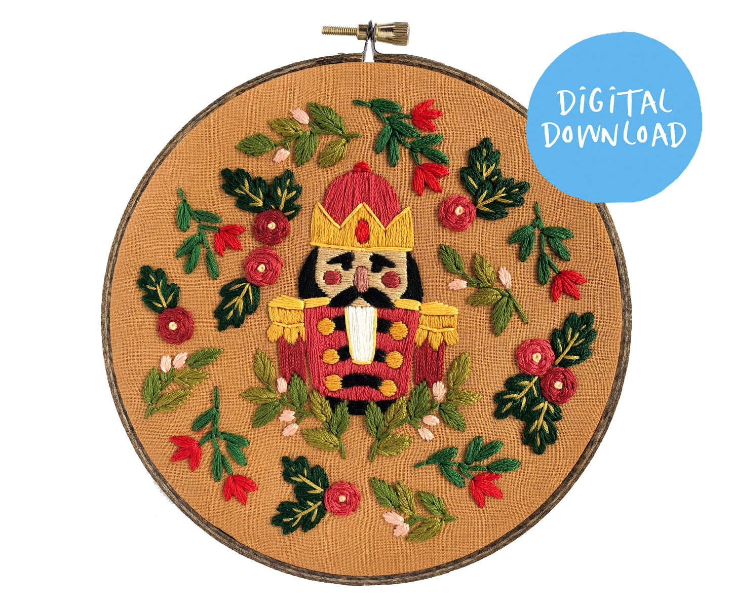 Floral Nutcracker Embroidery Pattern. PDF Digital Download. 6" embroidery hoop. DIY christmas decor. Holiday Embroidery. Needlepoint pattern