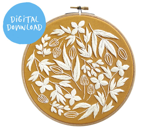Botanical Whitework Embroidery Pattern. Digital Download. 7" embroidery hoop. Floral needlepoint. modern hand embroidery. Beginner stitching